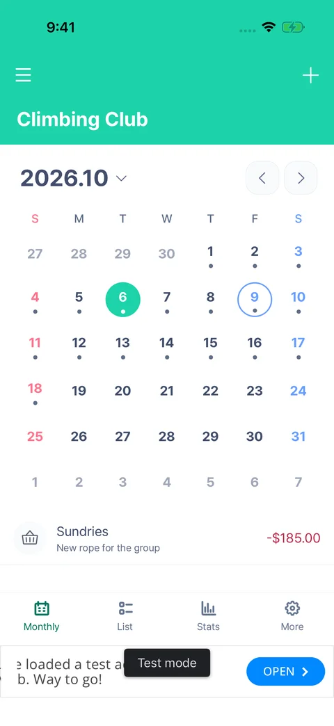 BooKoo’s calendar screen showing a demo ledger with daily income and expenses
